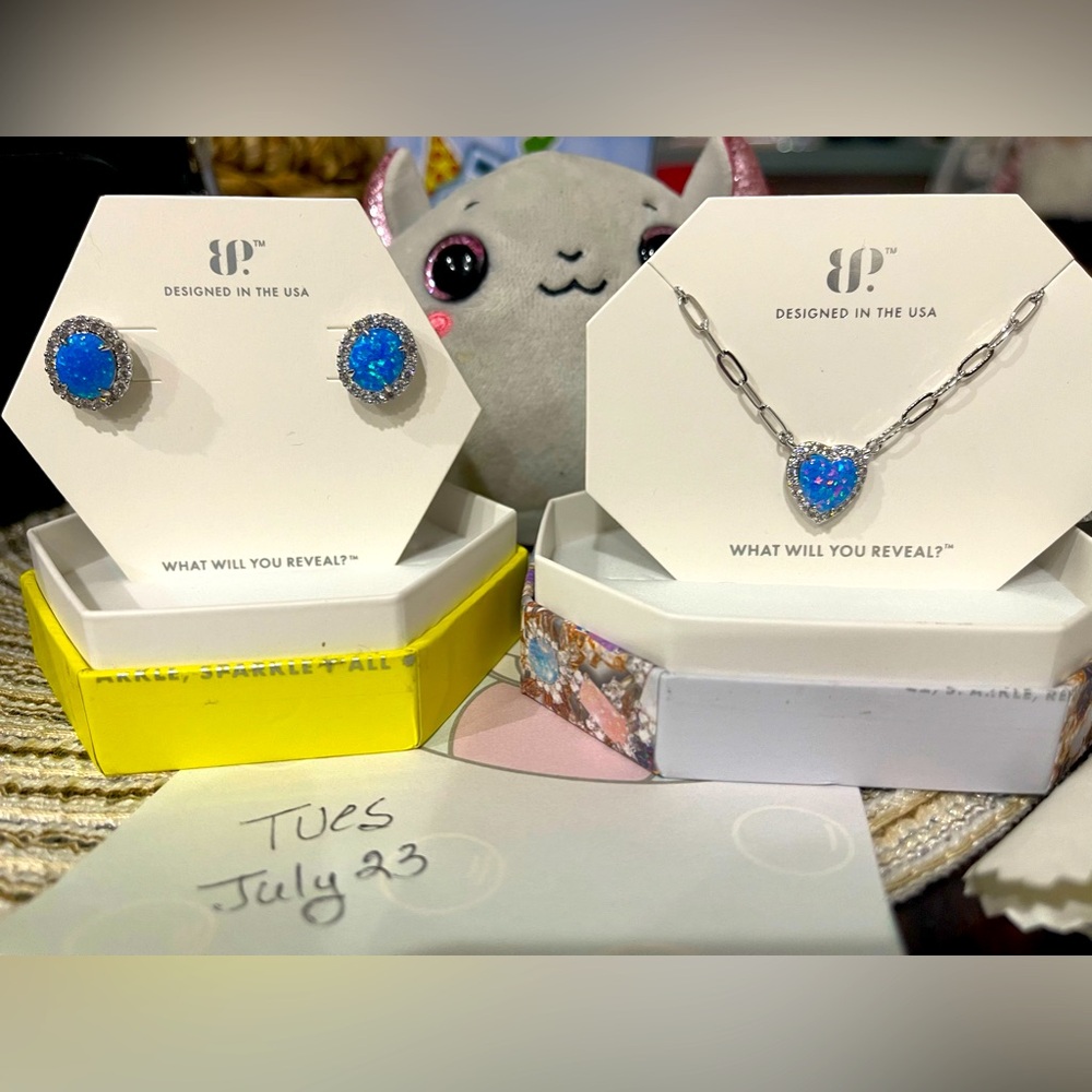 Bomb Party Hearts on Fire Blue Fire Opal Necklace & 2424 BluFire Opal Earrings